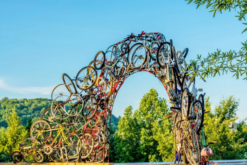 Archway made of bikes in Knoxville, Tennessee over Tennessee River.